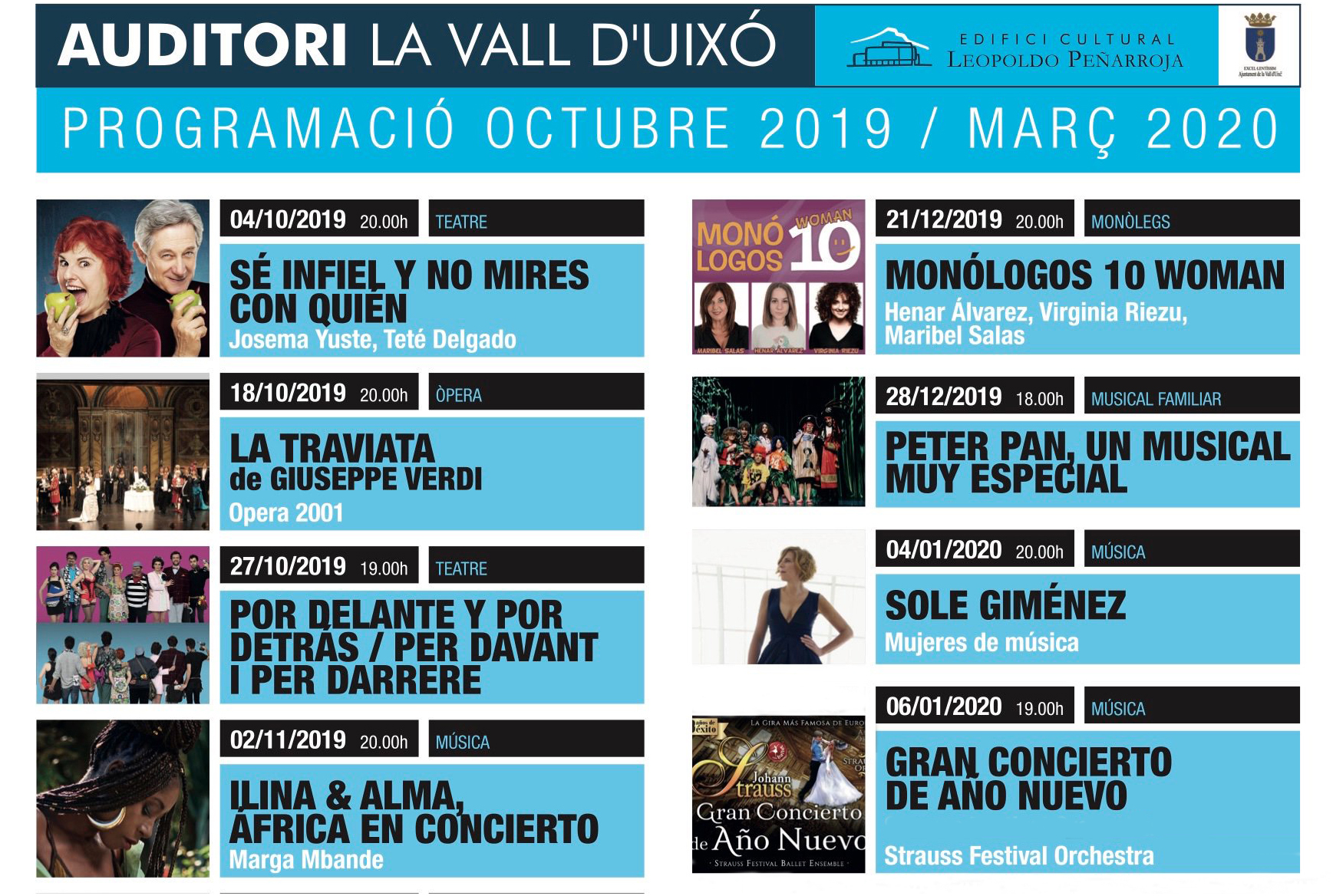 El Auditorio Leopoldo Peñarroja presenta su nueva programación para la nueva temporada otoño-invierno en La Vall d’Uixó
