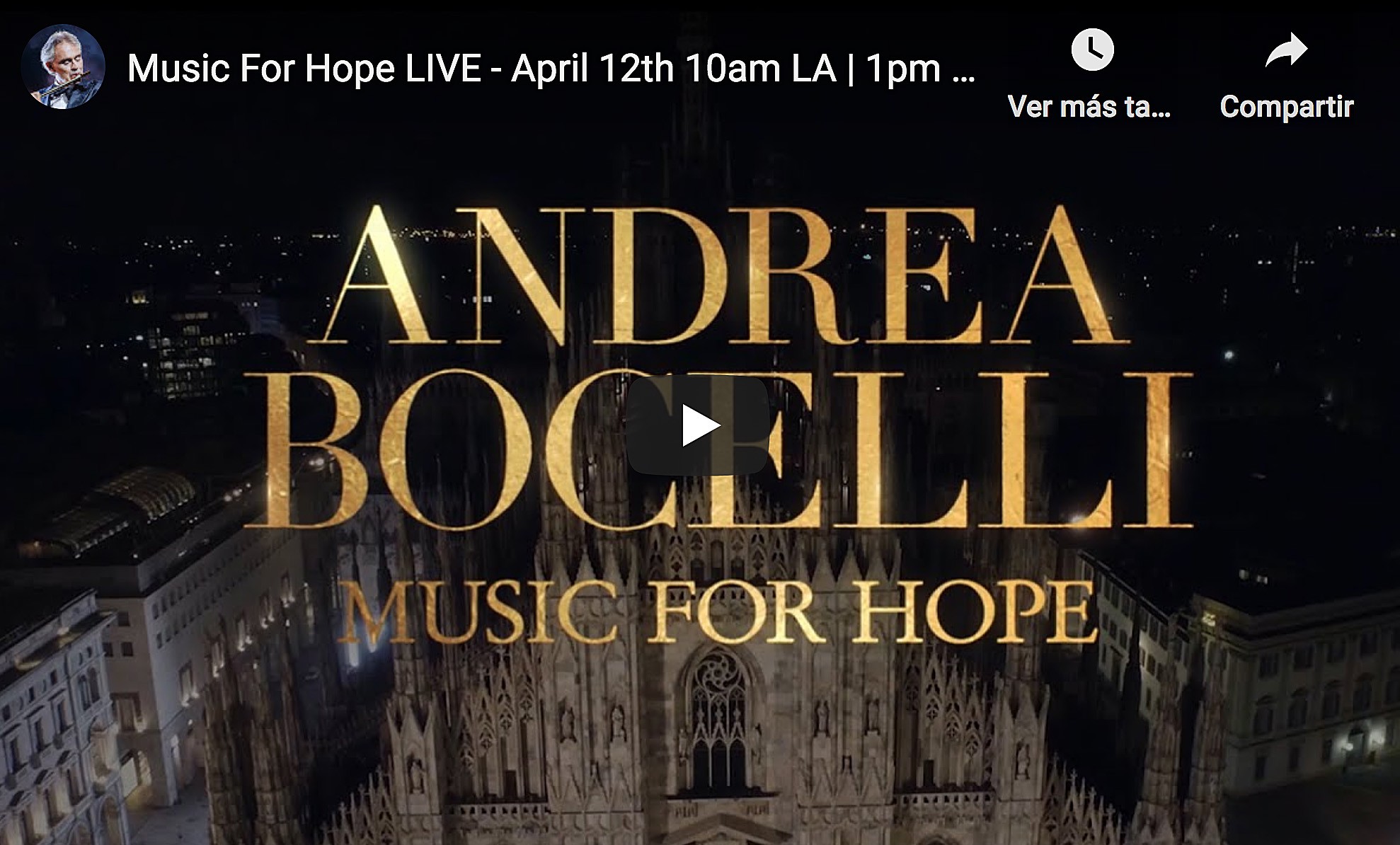 Andrea Bocelli cantará al mundo en directo desde el Duomo de Milán