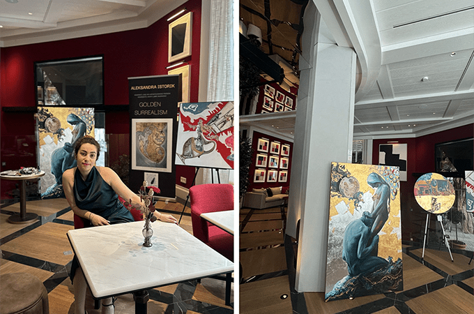 El público disfruta el arte en vivo de Aleksandra Istorik y su surrealismo dorado en el céntrico Hotel Estimar de Valencia