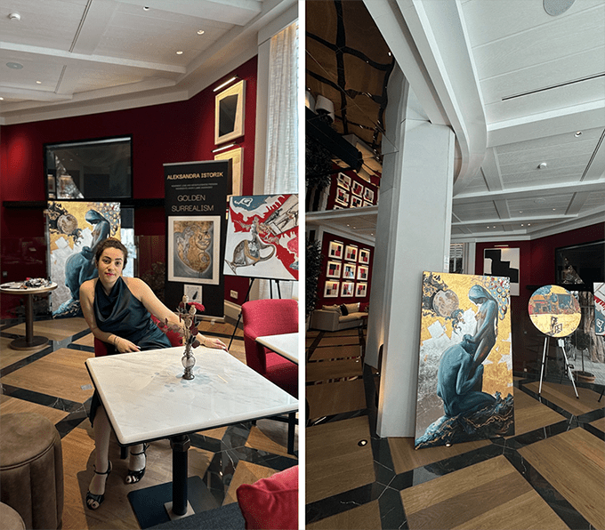El público disfruta el arte en vivo de Aleksandra Istorik y su surrealismo dorado en el céntrico Hotel Estimar de Valencia